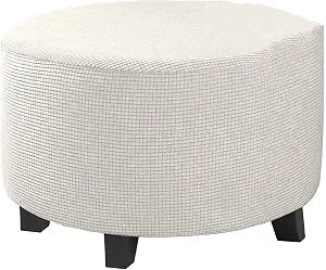 Round Ottoman Slipcover, Stretch Elastic Cover Fits 30"-41" Diameter, Washable Furniture Protector for Storage Ottomans, Footrests & Poufs (White, X-Large)