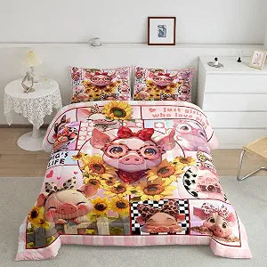 Sunflower Pig Comforter Set Twin Size,Cartoon Pink Piggy Bedding Set for Kids Girls Women Room Decor,Love Printed Leopard Bowknot Quilt Set 2Pcs,Cute Farm Animal Plaid Duvet Insert,1 Pillowcase
