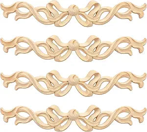 Yuntau 4 Pcs Wood Bow Appliques for Furniture Wood Appliques Onlays Decorative Frame Center Carving Decal DIY Ribbon Bow Unpainted Carved Overlay for Door Wall Dresser Bed Mantel Cabinet Cabinet Decor