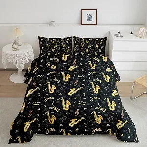 Manfei Saxophone Boys Kids Comforter Set Full Size,Music Theme Duvet Set Room Decor,Music Theme Brushed Microfiber Soft Bedding Comforter