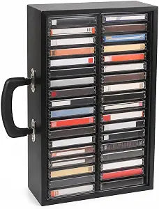 Cassette Tape Storage Box with Acrylic Sliding Dust Cover  36-Slot Organizer with Dividers & Side Handle, Handmade Wooden Tape Holder for Home Studio & Display