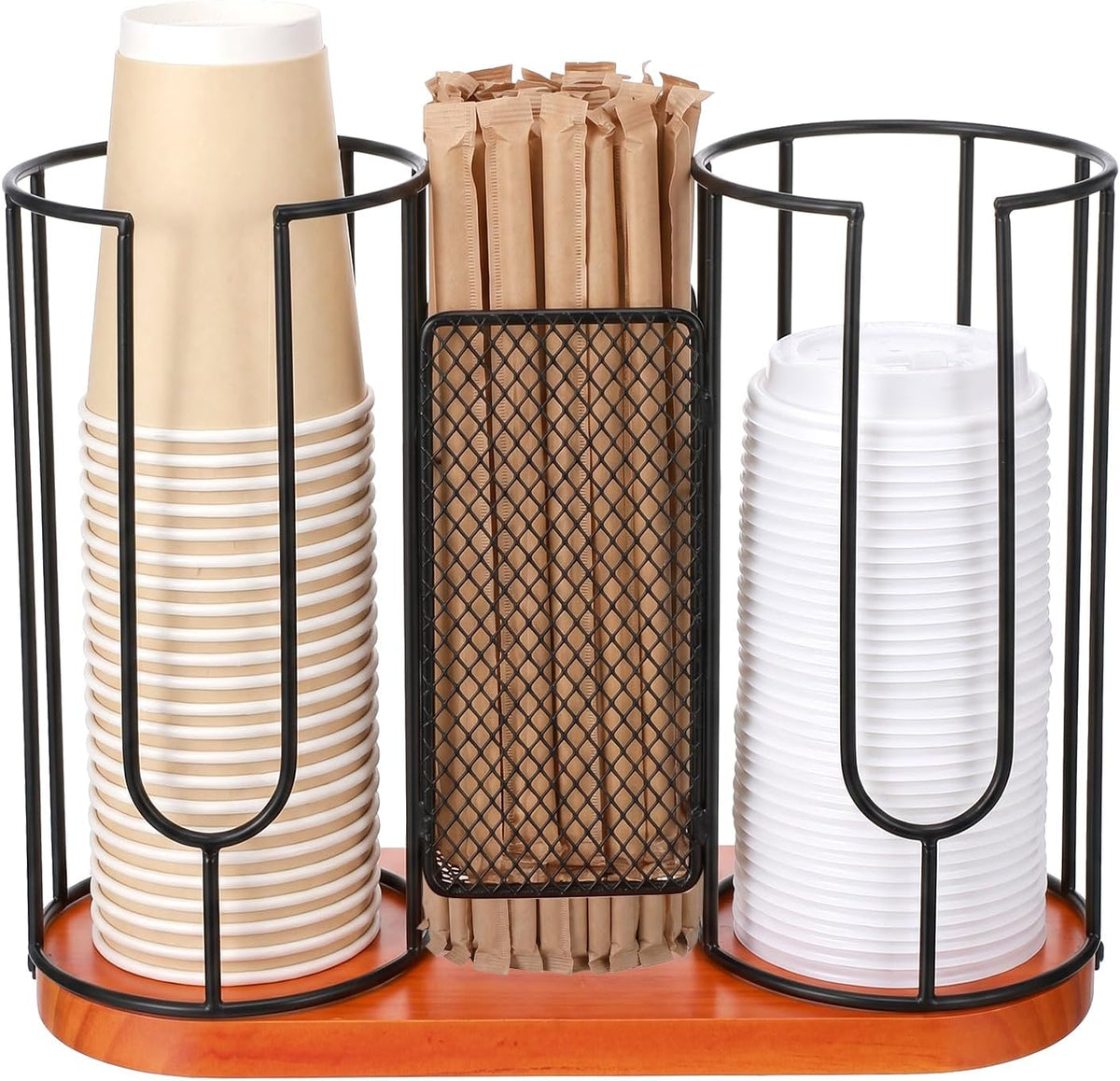 18oz Coffee Cup and Lid Holder with Wooden Base, 3 Compartment