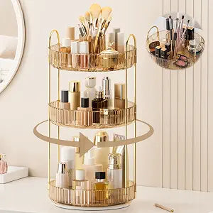 360 Rotating Makeup Organizer, Upgraded 3 Tier Skincare Perfume Organizers for Women, Bathroom Organizer Countertop, Clear Cosmetic Dresser Organizer with Makeup Brush Holder, Sink&Counter(Amber)
