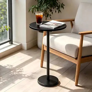smusei Drink Tables for Small Spaces Pedestal Side Table with Marble Base Small Round Side Table Black Coffee Table for Sofa Couch Chair Patio, Black