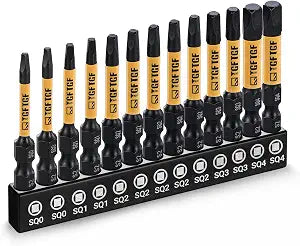 TGFTGF 13-Piece Square Drive Bit Set SQ0-SQ4, 2 inch CNC Machined Robertson Driver Bits SQ0,SQ1,SQ2,SQ3,SQ4, S2 Alloy Steel, Magnetic Impact Driver Bits 1/4" Hex Shank with Storage Box