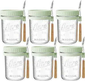 16oz Glass Overnight Oats Containers with Lids and Spoons, 6 Pack Green