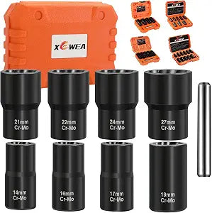 XEWEA 9PCS Lug Nut Extractor Set, 1/2" Drive Impact Bolt Nut Socket Remover