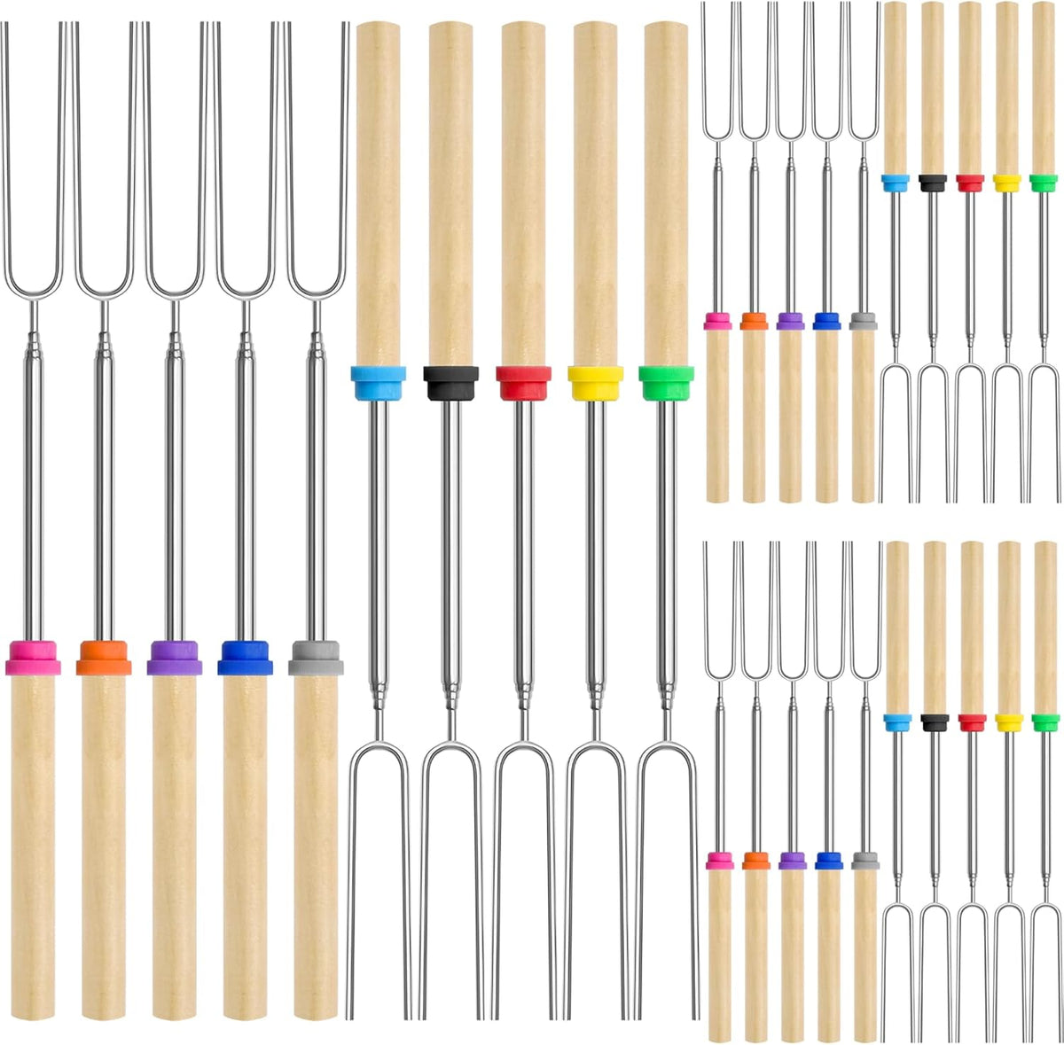 30 Pack Smores Sticks Kit, 32 Inch Marshmallow Roasting Sticks for Fire Pit, Extendable Hot Dog Smores Skewers Camping Accessories Marshmellow Forks Campfire BBQ Grill Tools, 10 Colors
