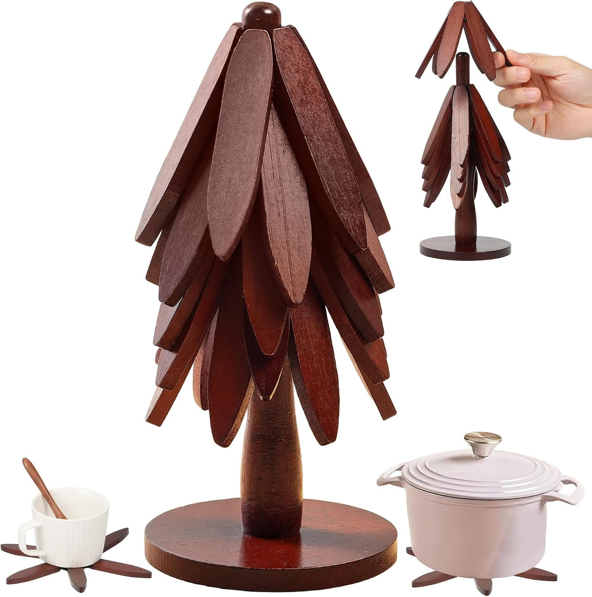 Wooden Trivets for Hot Dishes Set of 5 with Stand Tree Shape Natural Foldable Trivet for Kitchen Trivets for Pots, Pans, Bowls & Teapots Kitchen Accessories