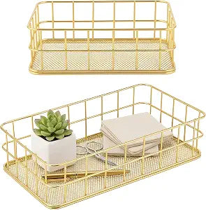 2Pcs Gold Wire Baskets, Large Small Mesh Organizer for Wedding Bath Desk