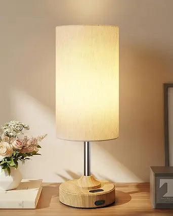 EZVALO Cordless Table Lamp, Ambient Light, Dimmable, Touch, Timer, 2700K, Bedroom, Portable, LED, Wireless, Rechargeable, Battery Operated, Desk Lamp, Fabric Shade, Wood-Grain Finish, Living Room