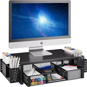 Simple Trending Monitor Stand with Drawer and 2 Pen Holders, Black