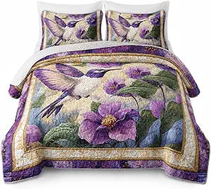 AILONEN Beautiful Hummingbird Bedding Quilt Set Twin Size - Purple Flower Bird Theme - 3Pcs Soft Lightweight Boho Bedspread Coverlet for Girls Women - (Quilt,2 Pillowcases)