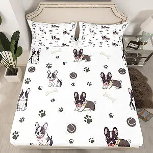 Cute Frenchie Dog Kids Fitted Sheet Full Size,House Puppy Pet Animal Themed Mattress Cover(1 Fitted + 2 Pillowcases),Cartoon Paws Print Ball Bones All Round Elastic Pocket Bed Cover,Polyester