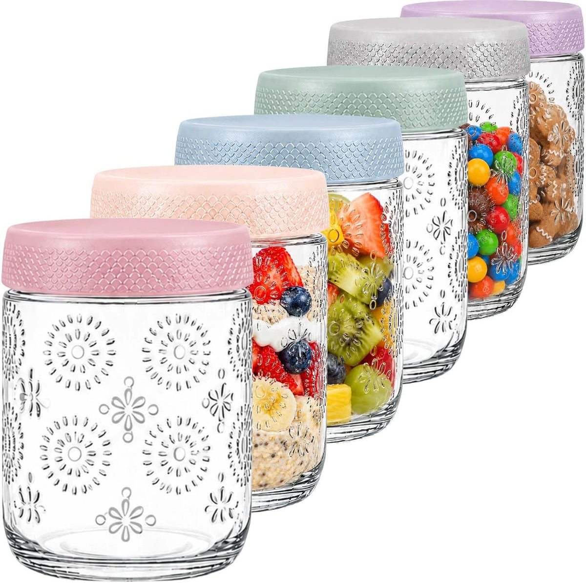 Glass Overnight Oats Containers with Airtight Lids, Decorative Mason Jars