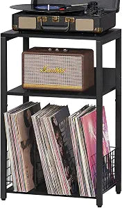 LELELINKY Black End Table, Small Side Table with Metal Frame,Modern Record Player Stand with Storage Shelf, Wood 3 Tier Sofa Bedside Tables, Narrow Nightstand for Living Room Bedroom Office