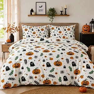 Halloween Design Duvet Cover Sets Twin,3 Pieces Bat Pumpkin Comforter Cover with 2 Pillowcases Ghost Festival Themed Bedding Set 68" x 90" (Not Comforter)