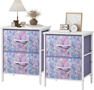 Stero Nightstand Set of 2, Kids Dresser with 2 Drawers, Steel Frame Bedside Furniture, Wood Top Fabric Night Stand, Colorful End Table for Home, Bedroom, Office, Tie-dye Purple