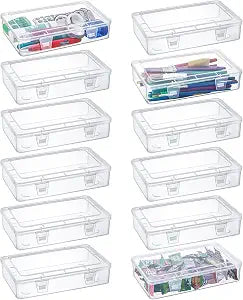 Kingrol 12 Pack Clear Plastic Storage Containers with Lids, 8 x 5 x 1.75 Inch Empty Hinged Boxes, Stackable Organizer Boxes for Home, Office, Craft Supplies