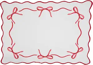 SARO LIFESTYLE Ribbon Bow Border Placemats (Set of 4) - Decorative Bow Trim Placemats for Everyday Dining, Casual Entertaining and Charming Table Styling, 14"x20", Red/White