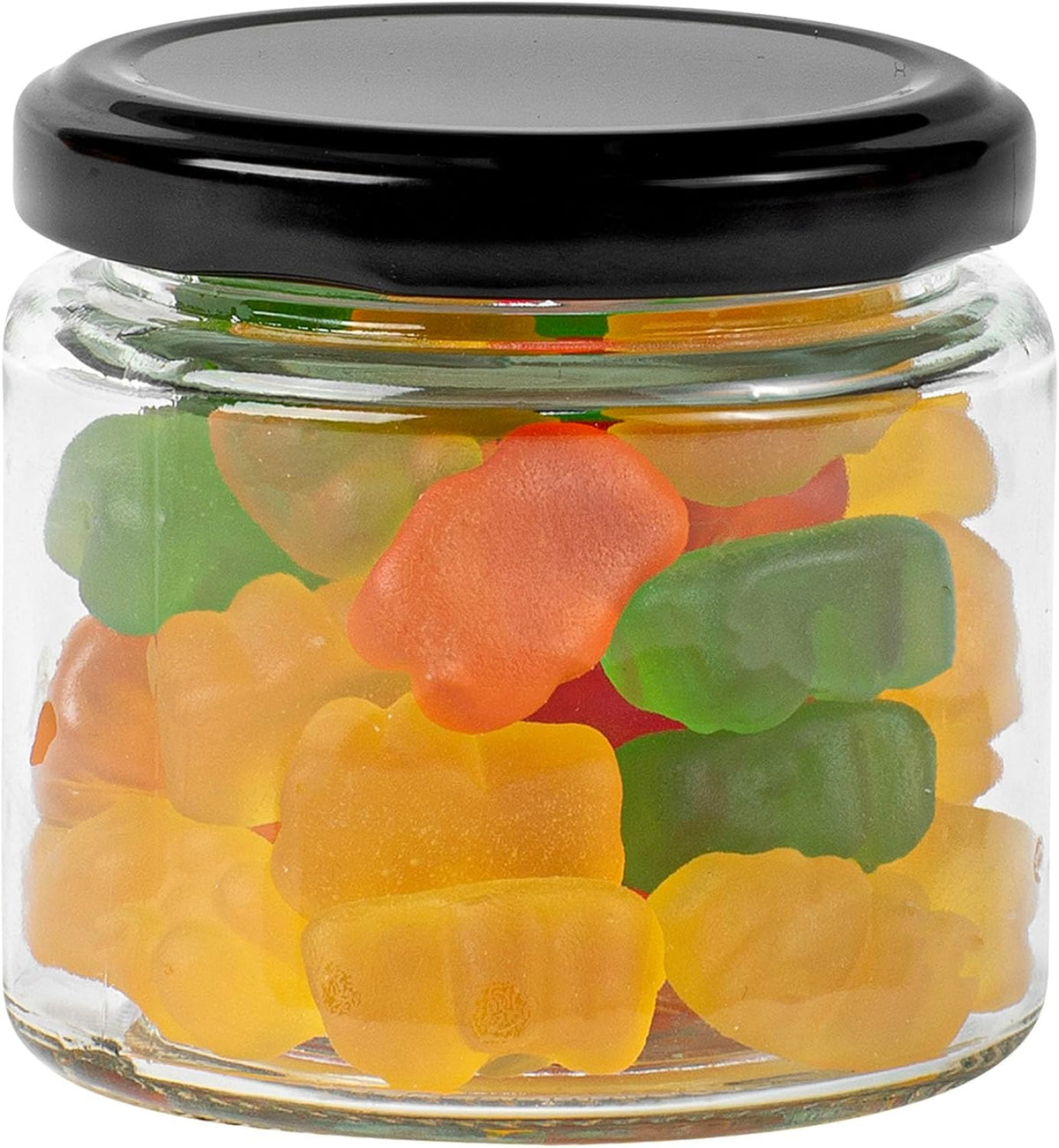Restaurantware Glass Storage Jar 10 Pack of 6 oz Straight Sided 2.5" x 2.63" Clear Glass Jar With Plastisol Lining Airtight Twist Lug Lid Reusable Black For Spices Condiments