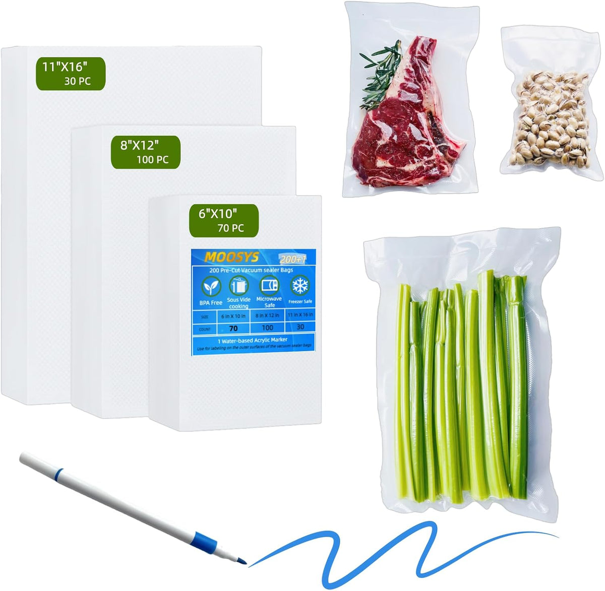 200 Vacuum Sealer Bags For Food + 1 Marker, 100 Quart + 70 Pint + 30 Gallon, BPA Free, 33+% Thicker, Heavy Duty, Commercial Grade, for Food Saver, Sous Vide, Microwave, Freezer