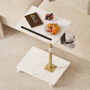 TV Tray Table, Adjustable Dinner Trays for Eating Table, 360 Swivel & Sofa Armrest End Side Table, C Shaped Couch Snack Table for Bedroom, Living Room, Small Space(White+Gold)