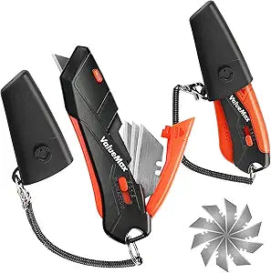 ValueMax 2-Pack Box Cutter Knife, Cardboard Cutter with Self-Retracting 3-Position Locking Blade, Safety Sheath, Lanyard, Extra 18 Blades Included, Blade Storage Design