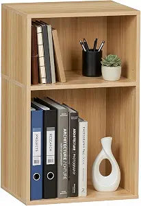 YAHARBO 2 Cube Bookshelf, Natural Record Player Stand with Vinyl Storage Up to 100 Albums, Horizontal Book Shelf, Small Cubby Bookcase with Storage Organizer, Turntable Stand for Living Room, Bedroom