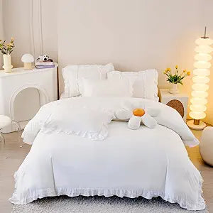 MOOWOO Chic Ruffle Lace Polyester Duvet Cover Set -Girl White Bedding-2 Piece Twin Duvet Cover with Zipper Closure -Ultra Soft and Light Weight(White, Twin)-No Comforter