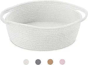 ABenkle Small Basket with Handles, Boho Decorative Rope Woven Dog Cat Toy Storage Bin Shelf Storage Organizer, Easter Christmas Gift Basket, 12"x8"x5", White