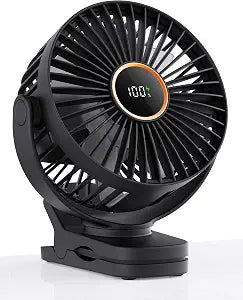 TUNISE Mini Clip on Fan, Battery Operated Desk Fan, Digital display3 Speeds Adjustable, Bidirectional 360  Adjustable, Super Strong Wind, Portable Fan for Home Office Stroller Camping Black