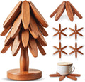 Wooden Tree Trivet Set, Heat-Resistant Sapele Wood Trivets with Stand for Hot Dishes, Pots and Pans, Coffee Mugs and Teapots, Decorative Kitchen Countertop Protector