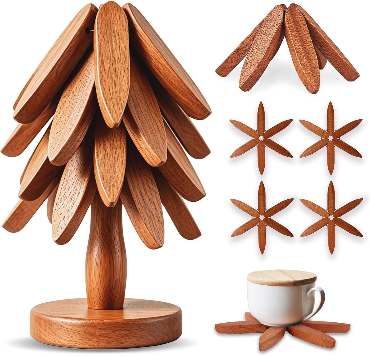 Wooden Tree Trivet Set, Heat-Resistant Sapele Wood Trivets with Stand for Hot Dishes, Pots and Pans, Coffee Mugs and Teapots, Decorative Kitchen Countertop Protector