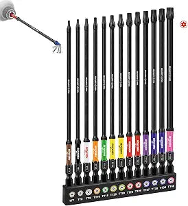 Geinxurn 6 Inch Impact Torx Bit Set, 13pcs Magnetic (TT7-TT40) S2 Steel Security Star Bits with 1/4 Hex-Shank, Long Extension Tamper Proof Screwdriver Bits Stored in Color Coded Base