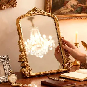 Vintage Desk Mirror  12" Gold Antique Tabletop Mirror with Resin Frame