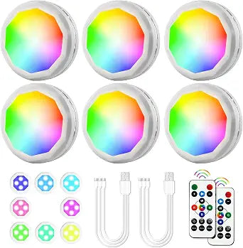 Under-Cabinet-Lights Rechargeable Puck Lights 6 Pack LED Closet Lights with Remote 16 Colors USB Charging Battery Operated Night Lights with Timmer Dimmable Under Counter Lights for Kitchen Bedroom