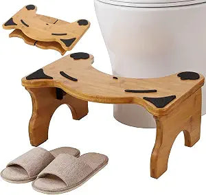 1 Pack Foldable Toilet Stool, 7 in Natural Wood Squat Toilet Step, Bathroom Footrest, Cat-Shaped Grip Pad, 90 Self-Locking Hinges, Non-Slip Feet, No-Assembly Space-Saving Toilet Step