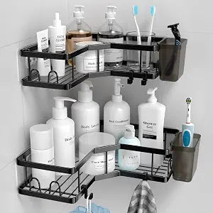 AKTECKE Corner Shower Caddy, 2 Pack Adhesive Shower Corner Organizer Shelves, No Drilling Stainless Steel Shower Storage Rack with Hooks&Toothpaste Holder for Bathroom Kitchen for 90 Corners Only