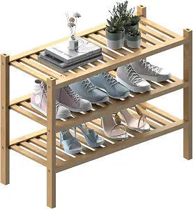 ROMGUAR CRAFT (Thick Bamboo Shoe Rack for Entryway, 3-Tier Free Standing Shoe Racks Stackable Shoe Rack Organizer for Hallway Closet Living Room 27 x12 x21 Inches