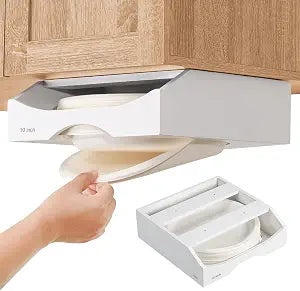 10-inch Paper Plate Dispenser Under Cabinet, Bamboo Paper Plate Holders, Kitchen Counter Vertical Plate Dispensers Holders Countertop Caddy (For 10-inch Plates, White)
