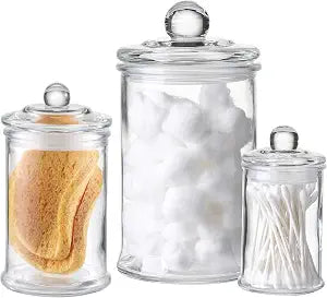 Glass Apothecary Jars with Lids  Set of 3 Clear Bathroom Storage Containers for Cotton Balls, Swabs & Accessories, Decorative Vanity Organizer