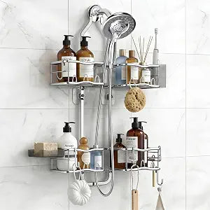 Shower Caddy Hanging Organizer Over Showerhead with Hooks, Silver