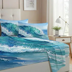 Allenjoy Ocean Waves Coastal Sea Sheets Set with Fitted Sheet, Flat Sheet and 1 Pillowcase for Bedding Bedroom Decor, Decorations for Kids Boys Girls Men Women Twin Size
