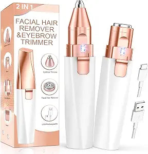 Eyebrow Trimmer Facial Hair Removal for Women - 2 in 1 Rechargeable Face Shaver & Facial Hair Remover with LED Light, Painless Electric Eyebrow Razor for Upper Lip, Chin, Peach Fuzz & Fine Facial Hair
