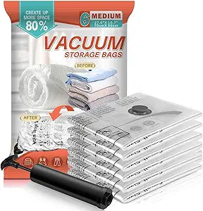Vacuum Storage Bags 6 Pack Medium - Space Saver Bags for Comforters, Blankets, Clothes with Hand Pump - Compression Sealer Bags for Travel, Luggage, Moving, Closet Organization.
