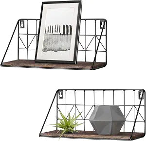 Mkono Floating Shelves Wall Mounted Set of 2 Rustic Wood Storage Display Shelf with Metal Wire Basket 11.4 Inches, Hanging Shelf for Bedroom Bathroom Living Room Kitchen Office, Brown,Small