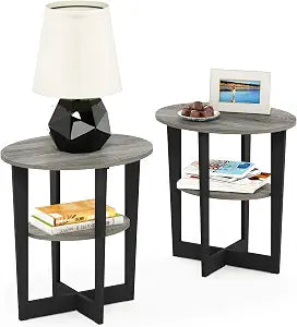 Furinno Jaya 2-Tier Round Side Table Set of 2, Open Shelf, Columbia Walnut