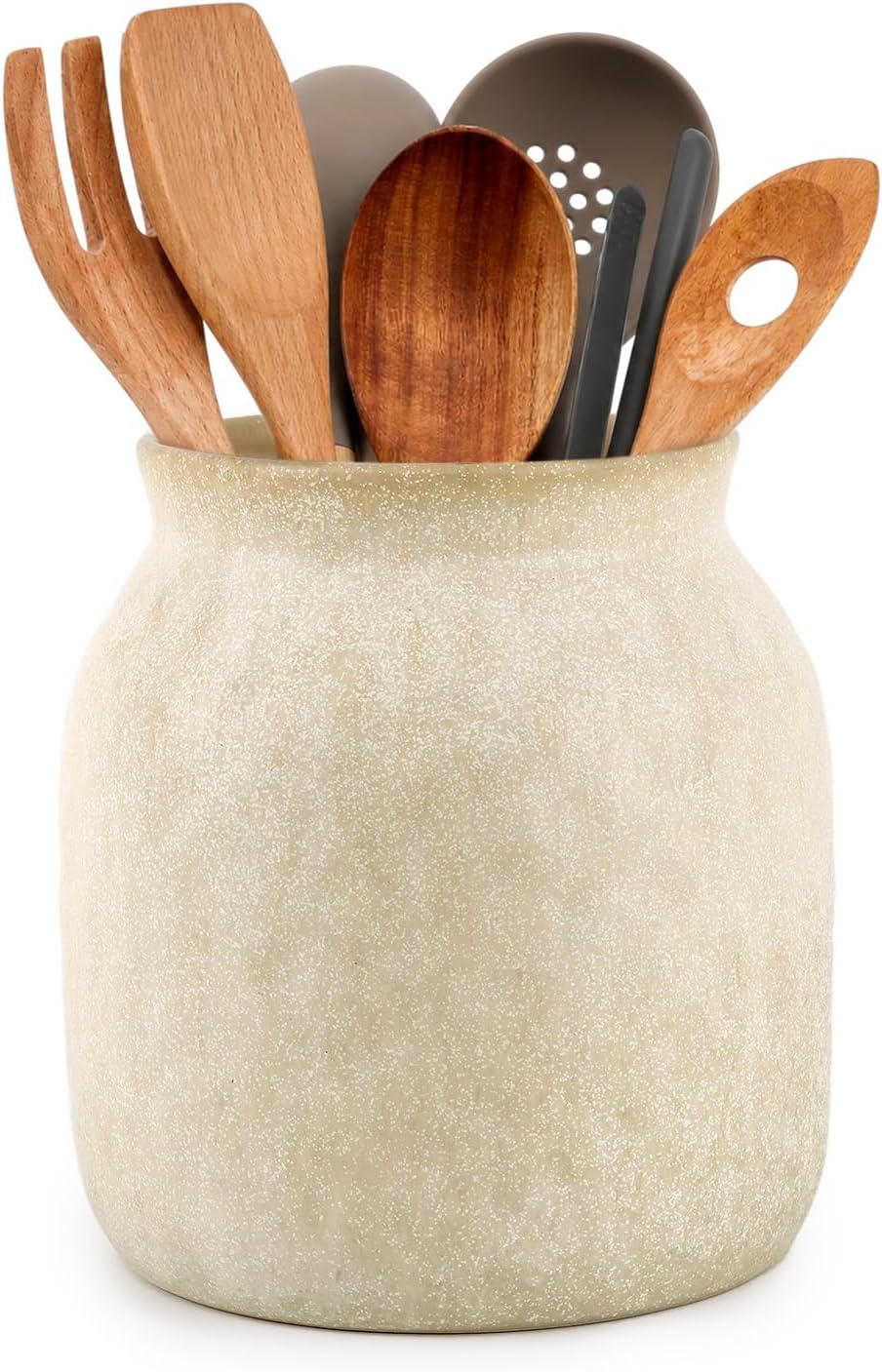 DOWAN 7 '' Ceramic Utensil Holder for Kitchen Counter, Light Beige Gray
