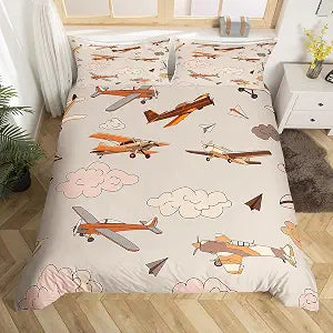 Airplanes Duvet Cover Vintage Airplane Bedding Set Aircraft Print Comforter Cover for Boys Girls Kids Room Decor Airplane Flying Lightweight Bedspread Cover Twin Size with 1 Pillow Case(No Comforter)